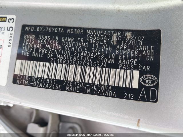 2007 TOYOTA COROLLA 2T1BR32E07C815324 Photo 8