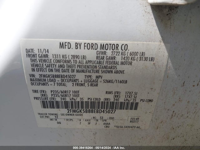 Ford FLEX SE 2014 2FMGK5B88EBD45027 Image 9