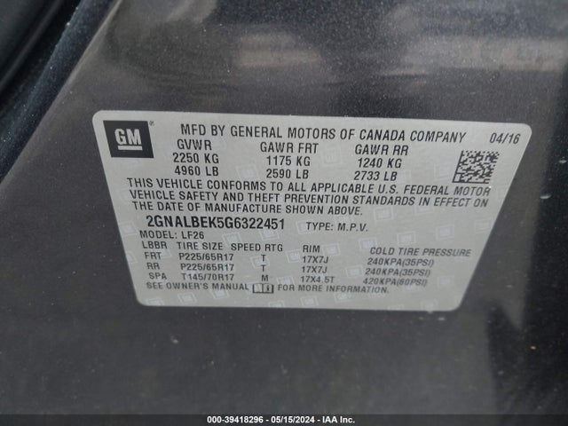 Chevrolet EQUINOX LS 2016 2GNALBEK5G6322451 Image 9