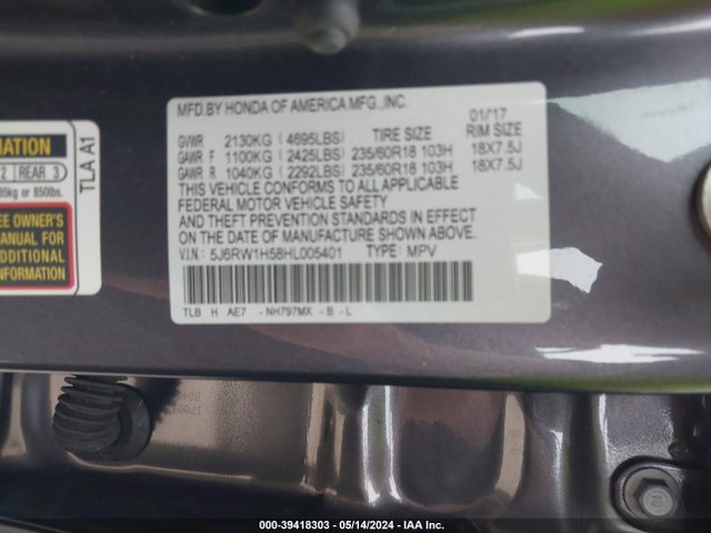 Honda CR-V EX 2017 5J6RW1H58HL005401 Image 9