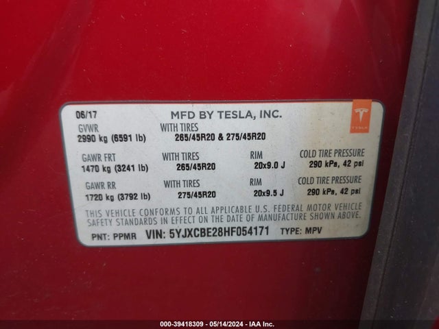 5YJXCBE28HF054171 Tesla Model X 100d/75d/90d