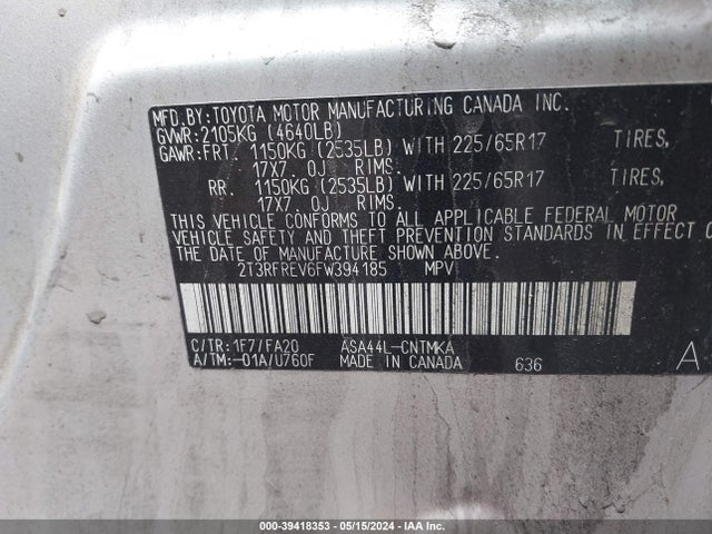 Toyota Rav4 Xle 2015 2T3RFREV6FW394185 Image 9