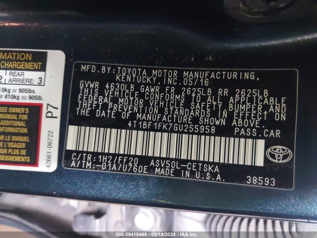 Toyota CAMRY SE 2016 4T1BF1FK7GU255958 Image 9