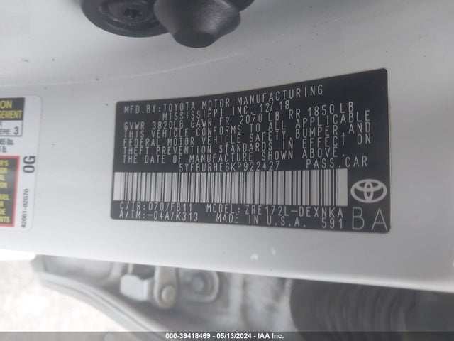 Toyota COROLLA LE 2019 5YFBURHE6KP922427 Image 9