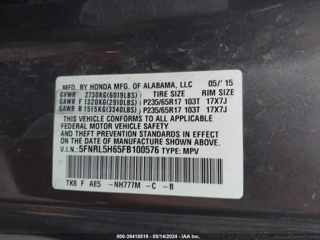 Honda Odyssey Ex-l 2015 5FNRL5H65FB100576 Image 9