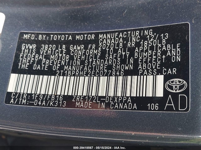 Toyota Corolla Le Eco Plus 2014 2T1BPRHE2EC077846 Image 9