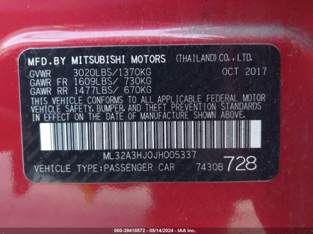 ML32A3HJ0JH005337 Mitsubishi MIRAGE ES