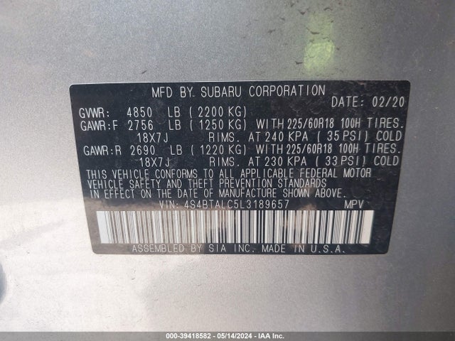 Subaru Outback Limited 2020 4S4BTALC5L3189657 Image 9