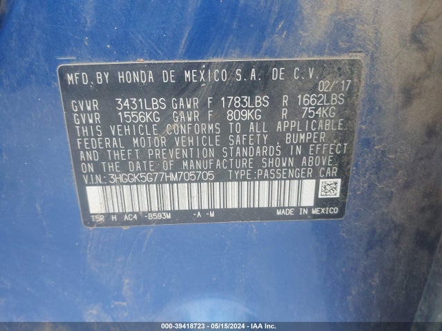 Honda FIT EX 2017 3HGGK5G77HM705705 Image 9