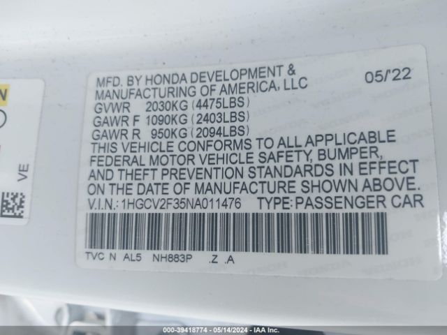 1HGCV2F35NA011476 Honda Accord Sport 2.0t
