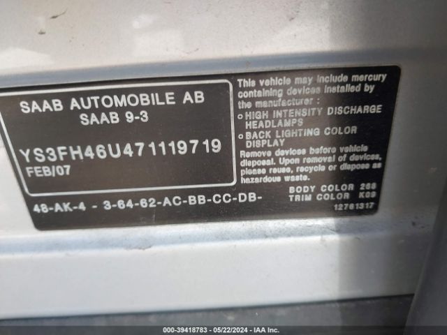 2007 SAAB 9-3 YS3FH46U471119719 Photo 8