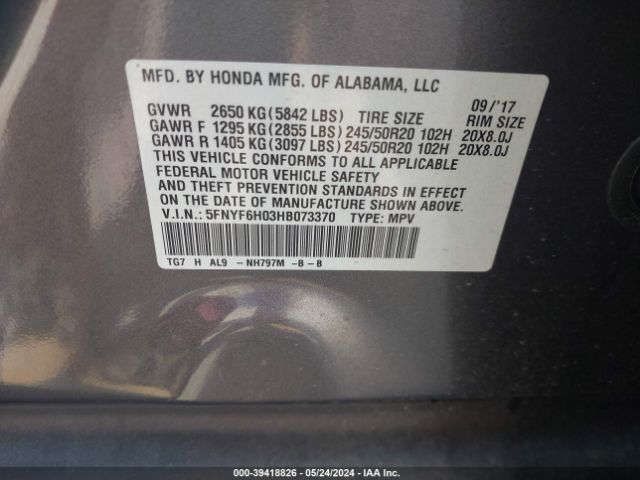 5FNYF6H03HB073370 Honda Pilot Elite