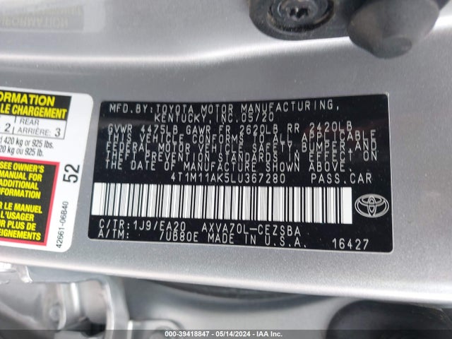 Toyota CAMRY SE 2020 4T1M11AK5LU367280 Image 9