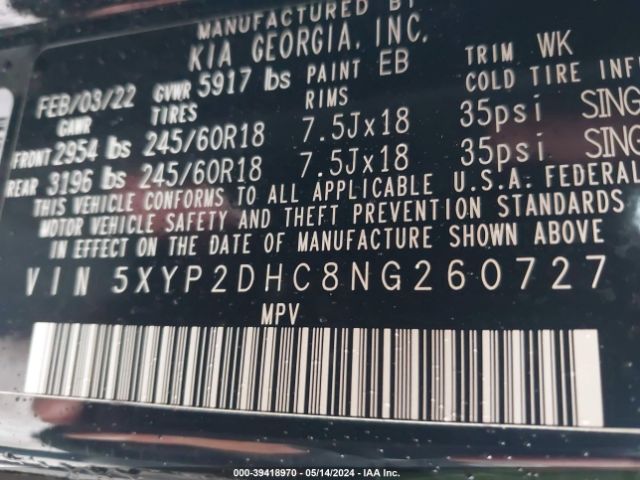 5XYP2DHC8NG260727 KIA Telluride Lx