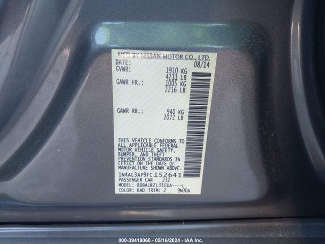 Nissan Altima 2.5 Sl 2015 1N4AL3AP9FC152641 Image 9