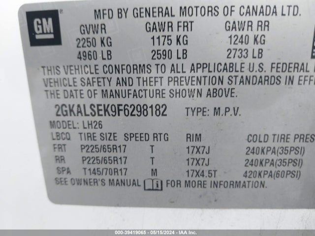 39419065 :رقم المزاد ، 2GKALSEK9F6298182 vin ، 2015 Gmc Terrain Slt-1 مزاد بيع