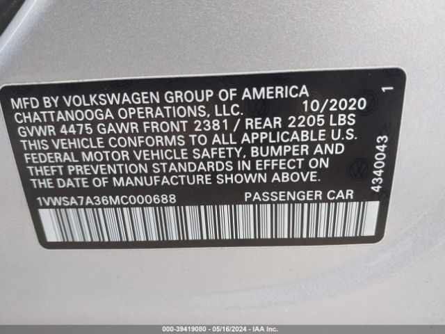 1VWSA7A36MC000688 Volkswagen Passat 2.0t Se