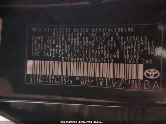 Toyota COROLLA LE 2018 5YFBURHE1JP847649 Image 9