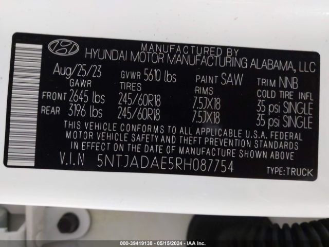 5NTJADAE5RH087754 Hyundai Santa Cruz Se