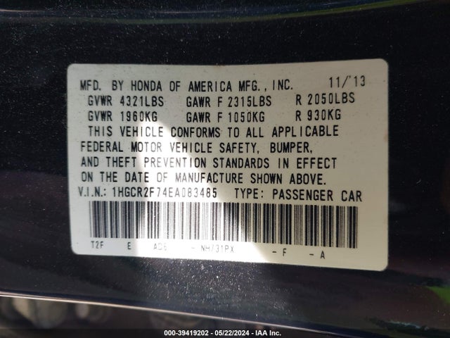 Honda ACCORD EX 2014 1HGCR2F74EA083485 Image 9