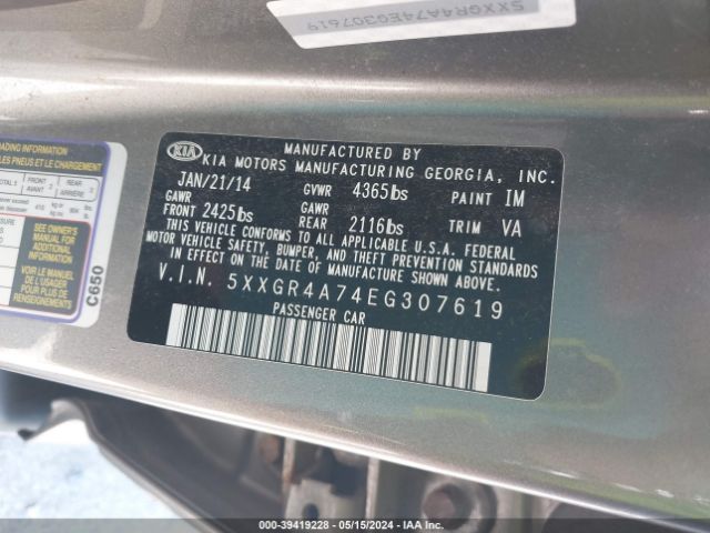 5XXGR4A74EG307619 KIA OPTIMA SX