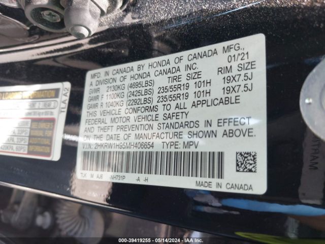 2HKRW1H95MH406654 Honda Cr-v 2wd Touring