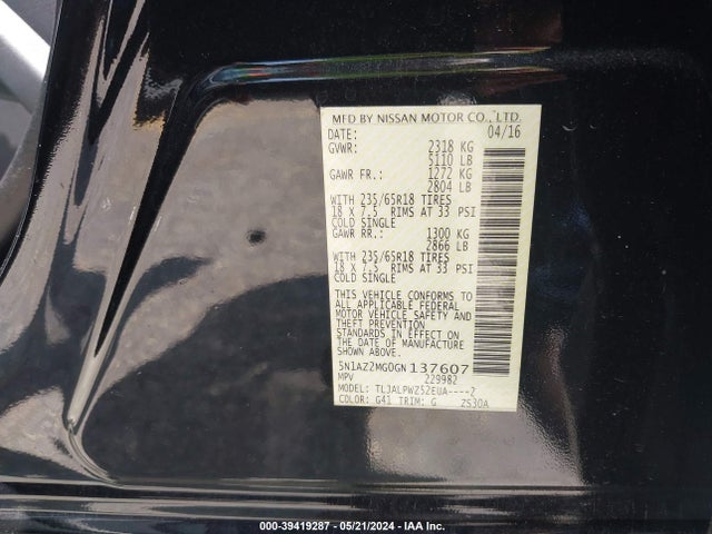 Nissan MURANO S 2016 5N1AZ2MG0GN137607 Image 9