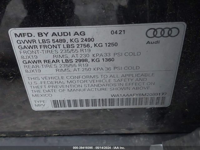 WA1AAAFY8M2089177 Audi Q5 Premium 45 Tfsi Quattro S Tronic
