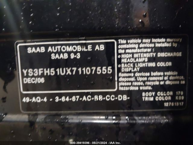 2007 SAAB 9-3 YS3FH51UX71107555 Photo 8