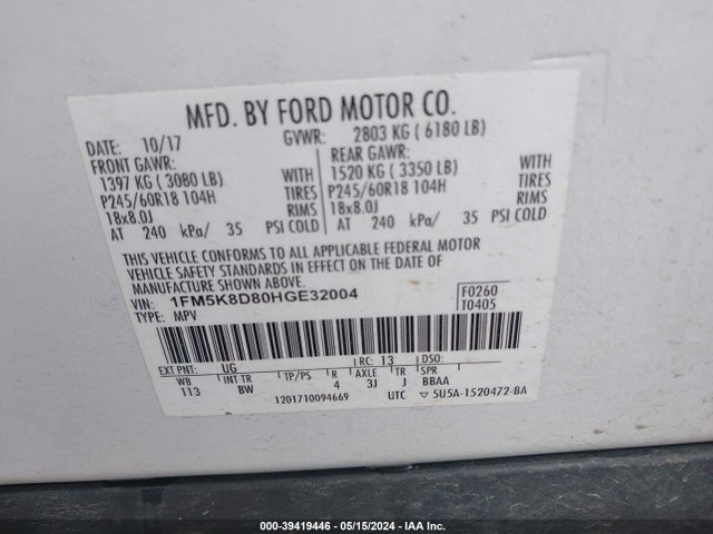 Ford EXPLORER XLT 2017 1FM5K8D80HGE32004 Image 9