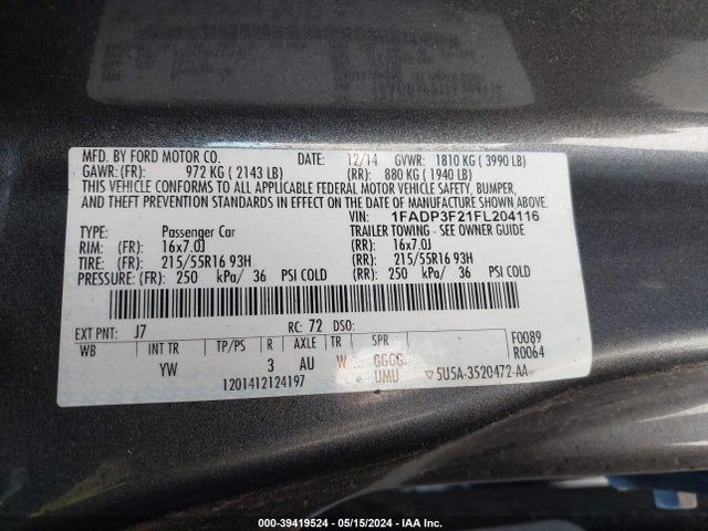 Ford FOCUS SE 2015 1FADP3F21FL204116 Image 9