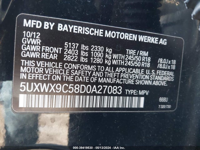 Aukcja sprzedaży 2013 Bmw X3 Xdrive28i, vin: 5UXWX9C58D0A27083, numer aukcji: 39419530