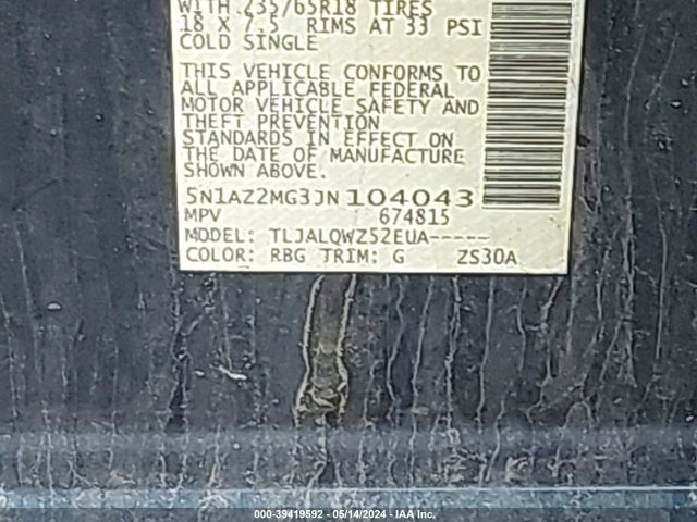 Nissan MURANO SV 2018 5N1AZ2MG3JN104043 Image 9