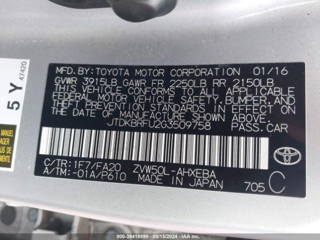 JTDKBRFU2G3509758 Toyota Prius Two