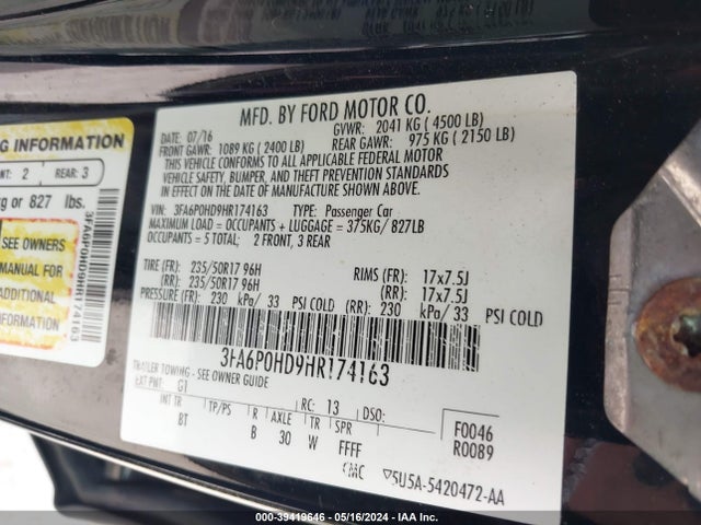 Ford FUSION SE 2017 3FA6P0HD9HR174163 Image 9