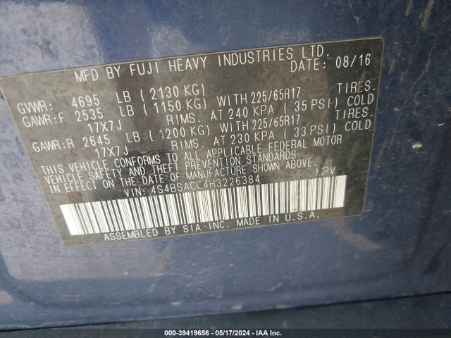 Subaru Outback 2.5i Premium 2017 4S4BSACC4H3226384 Image 9