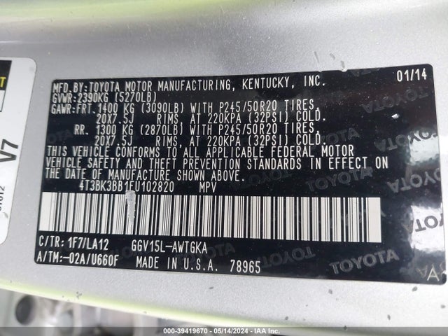 Toyota Venza Limited V6 2014 4T3BK3BB1EU102820 Image 9