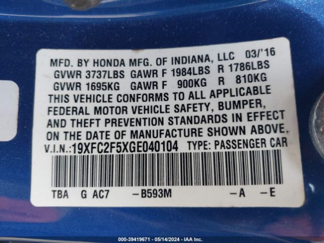 19XFC2F5XGE040104 Honda Civic Lx
