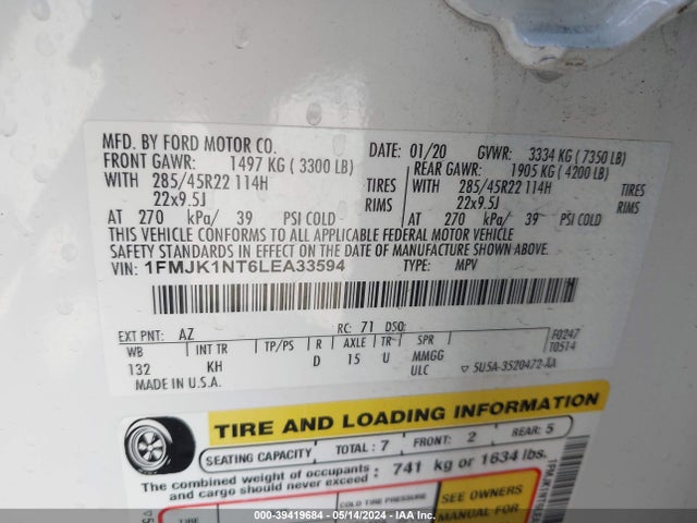 Ford Expedition King Ranch Max 2020 1FMJK1NT6LEA33594 Image 9