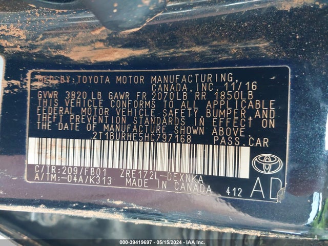 Toyota COROLLA LE 2017 2T1BURHE5HC797168 Image 9