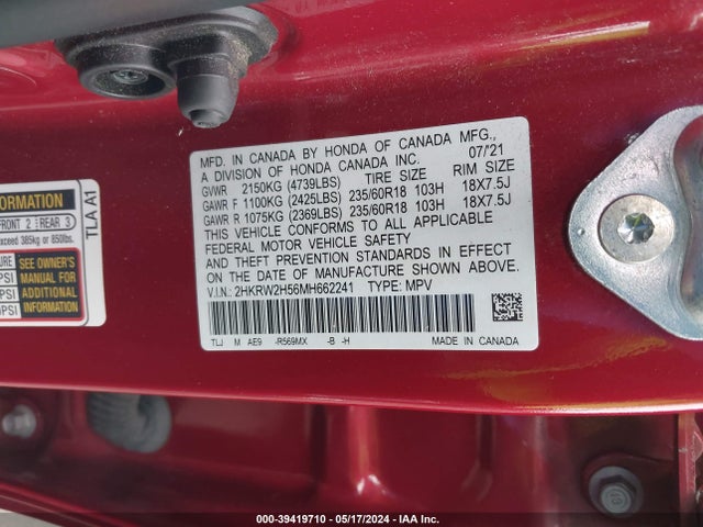 Honda Cr-v Awd Ex 2021 2HKRW2H56MH662241 Image 9