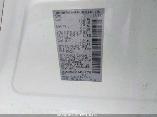 5N1AR2MN0GC608276 Nissan Pathfinder Platinum/s/sl/sv