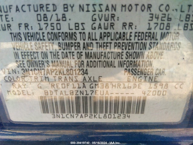 Nissan Versa 1.6 Sv 2019 3N1CN7AP2KL801234 Image 9