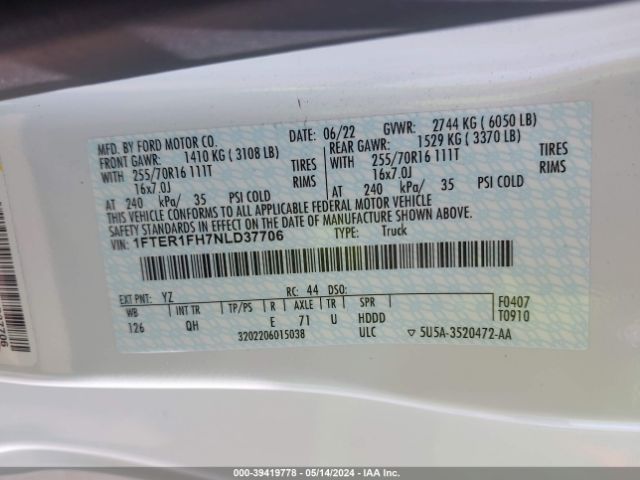 1FTER1FH7NLD37706 Ford RANGER XL