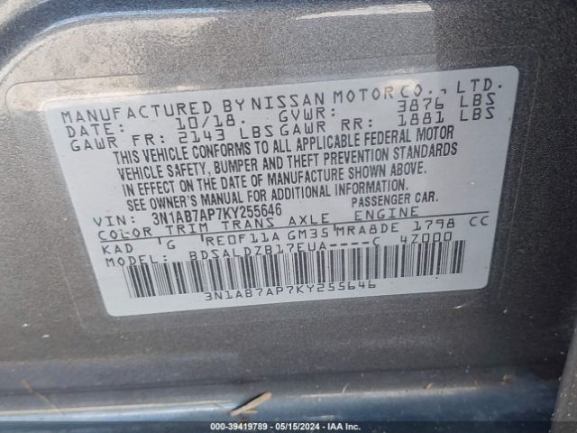 3N1AB7AP7KY255646 Nissan SENTRA SV