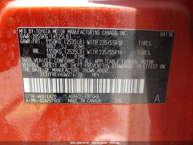 Toyota Rav4 Limited 2016 2T3YFREV4GW274799 Image 9