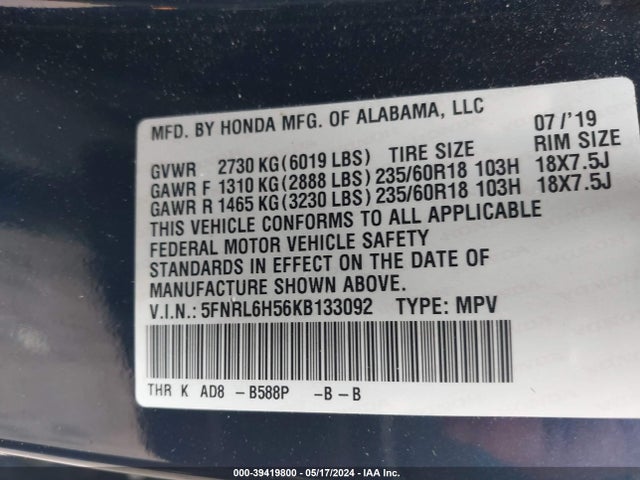 Honda ODYSSEY EX 2019 5FNRL6H56KB133092 Image 9