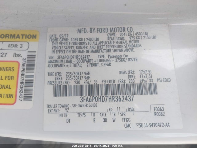 Ford FUSION SE 2017 3FA6P0HD7HR362437 Image 9