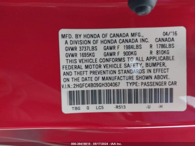 2HGFC4B09GH304067 Honda Civic Lx-p