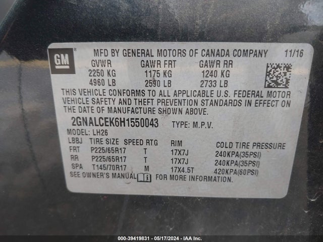 Chevrolet EQUINOX LT 2017 2GNALCEK6H1550043 Image 9